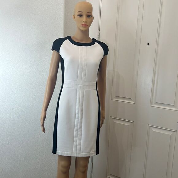 Zara Dress Scoop Neck Capped Sleeve Size Medium Slimming White Black Color Block - Picture 1 of 12